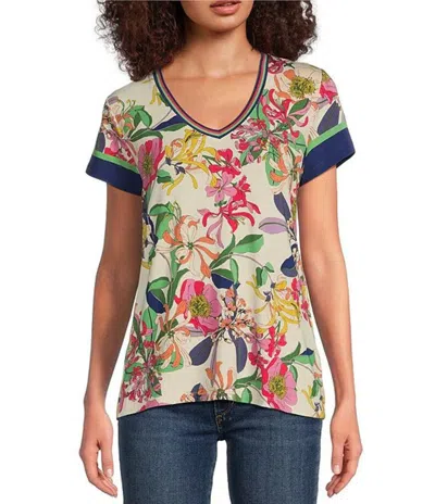 Johnny Was Janie Favorite Aldrich Exotic Floral Print Bamboo Knit Jersey V-neck Short Sleeve Tee In Multi