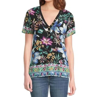 Johnny Was Janie Favorite Short Sleeve Henley In Jumono Black In Multi