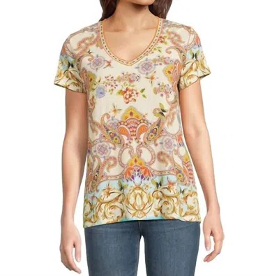 Johnny Was Janie Favorite Short Sleeve V-neck In Scroll Scarf In Yellow