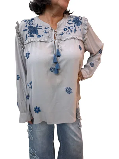 Johnny Was Jazmine Ruffle Yoke Blouse In Silver In Gray