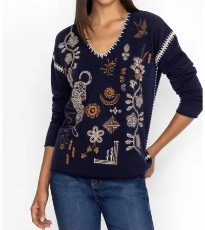 Johnny Was Jenai Whipstitch V-neck Pullover In Navy In Blue
