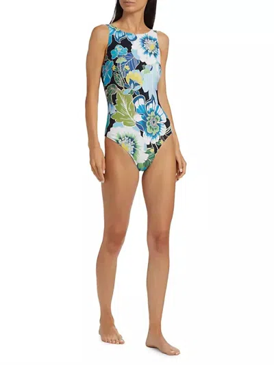 Johnny Was Jenn Tie Back One Piece Swimsuit In Floral Green And Blue