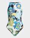 Johnny Was Jenn Tie Back One Piece Swimsuit In Floral Green And Blue In Blue