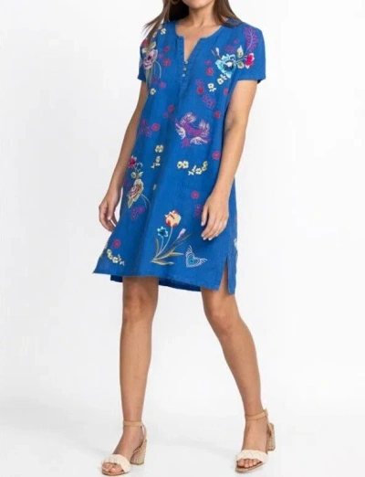 Pre-owned Johnny Was Jessi Button Front Linen Dress Floral Embroidery Flowers Blue