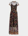 Johnny Was Kaimarie Embroidered Floral-print Mesh Maxi Dress In Brown