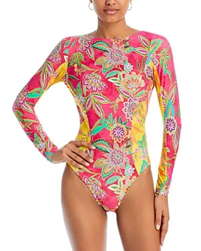 Johnny Was Kaleida And Flamingo Printed Long Sleeve One Piece Swimsuit In Neutral