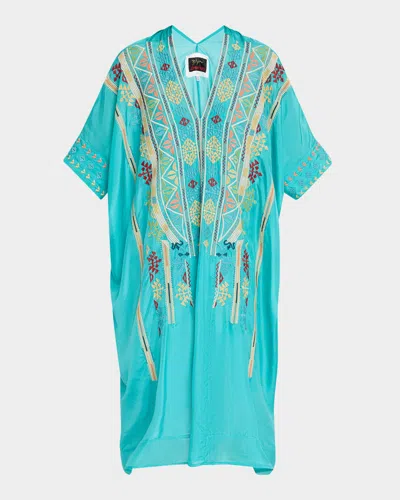 Johnny Was Kendry Geometric-embroidered Silk Midi Kaftan