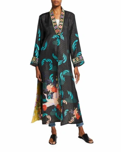 Pre-owned Johnny Was Kimono Heron Long Reversible Black Silk Embroidery Multi Bird M In Black Multi Reversible
