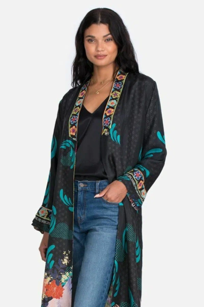 Pre-owned Johnny Was Kimono Heron Long Reversible Black Silk Embroidery Xlarge Bird Xl In Black Multi Reversible