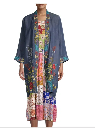 Pre-owned Johnny Was Kimono Long Provence Coat Denim Blue Embroidery Jacket Medium M