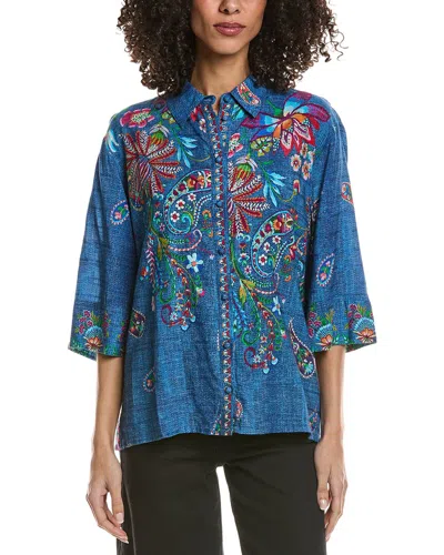 Johnny Was Kimono Sleeve Linen-blend Shirt In Blue