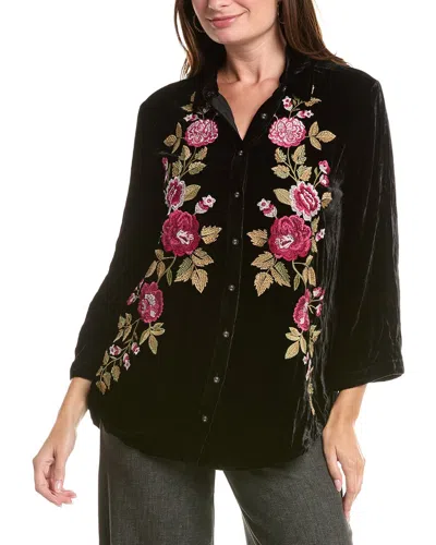 Johnny Was Kimono Sleeve Silk-blend Shirt In Black