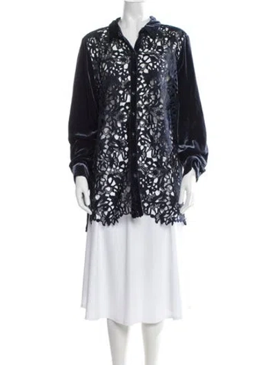 Pre-owned Johnny Was Lace Pattern Long Sleeve Blouse In Blue