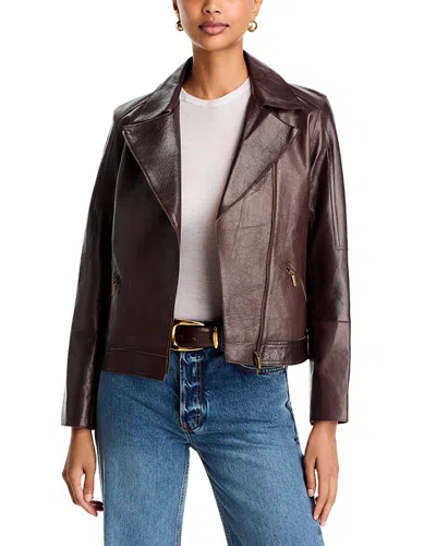 Johnny Was Leather Zipper Pocket Biker Jacket In Brown