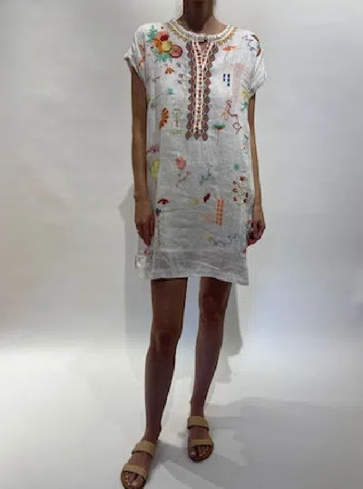 Pre-owned Johnny Was Lemona Dress Floral Embroidery Linen Natural Button Front Flowers In White