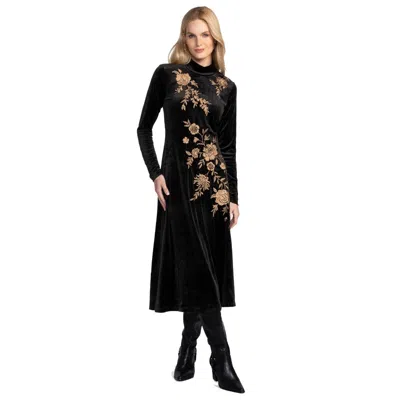 Pre-owned Johnny Was Lenon Stretch Velvet Mock Long Dress Gold Floral Embroidery Black