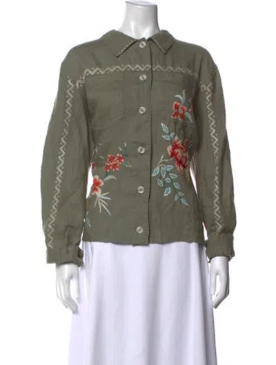 Pre-owned Johnny Was Linen Floral Print Blouse In Green