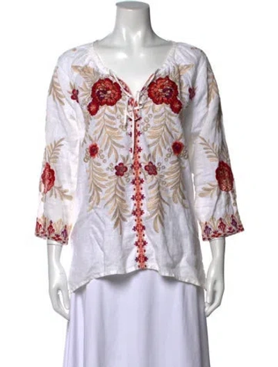 Pre-owned Johnny Was Linen Floral Print Blouse In Multicolor