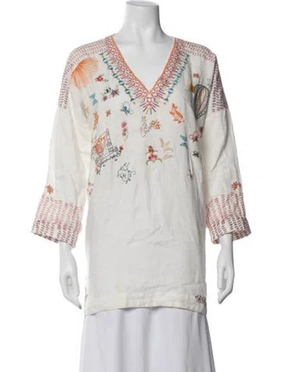 Pre-owned Johnny Was Linen Floral Print Blouse In Neutrals/white