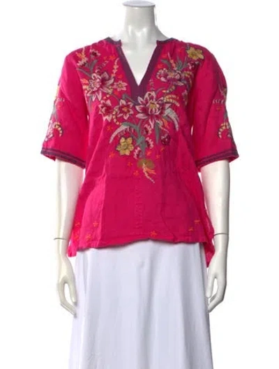 Pre-owned Johnny Was Linen Floral Print Blouse In Pink