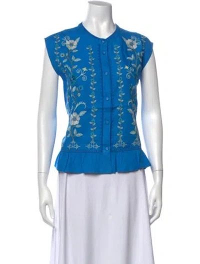 Pre-owned Johnny Was Linen Floral Print Blouse W/ Tags In Blue