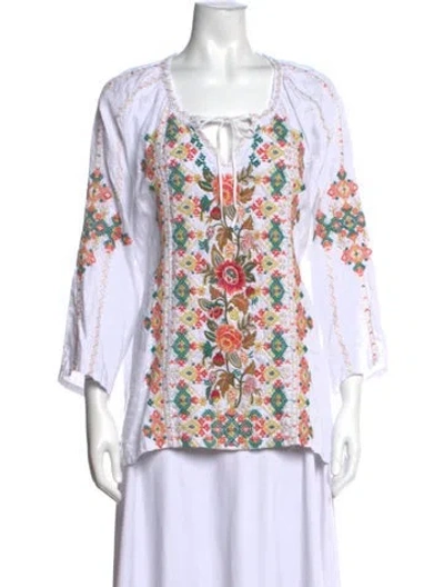 Pre-owned Johnny Was Linen Floral Print Blouse W/ Tags In White