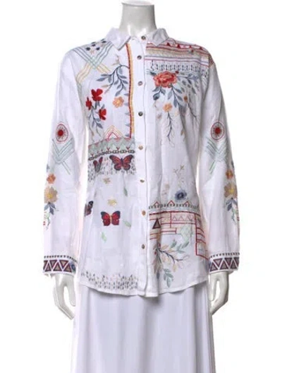 Pre-owned Johnny Was Linen Floral Print Blouse In White
