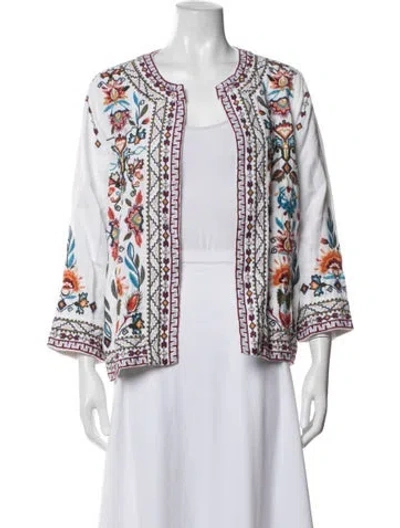 Pre-owned Johnny Was Linen Floral Print Jacket In White