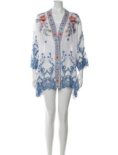 Pre-owned Johnny Was Linen Floral Print Robe W/ Tags In Blue