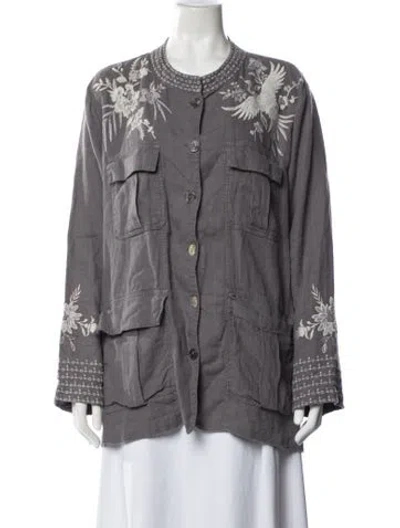 Pre-owned Johnny Was Linen Floral Print Utility Jacket In Grey