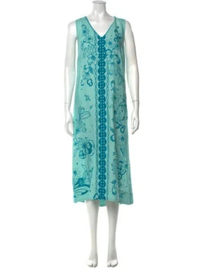 Pre-owned Johnny Was Linen Long Dress W/ Tags In Blue/green