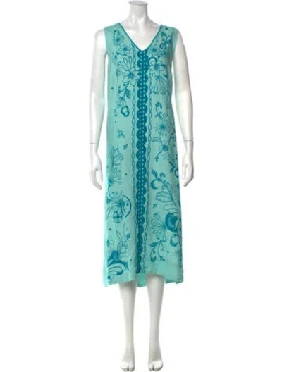 Pre-owned Johnny Was Linen Long Dress W/ Tags In Blue/green