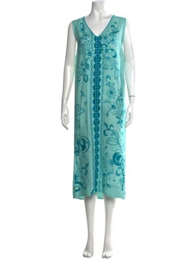 Pre-owned Johnny Was Linen Long Dress W/ Tags In Blue/green