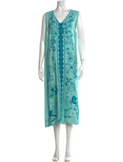 Pre-owned Johnny Was Linen Long Dress W/ Tags In Blue/green