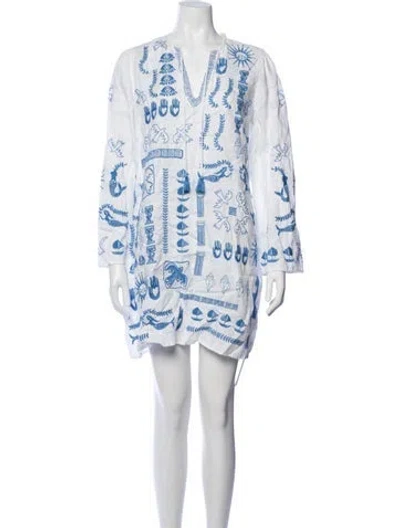 Pre-owned Johnny Was Linen Mini Dress W/ Tags In Blue/white