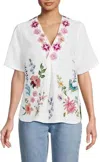 Johnny Was Linen V-neck Blouse Maureen In White In White