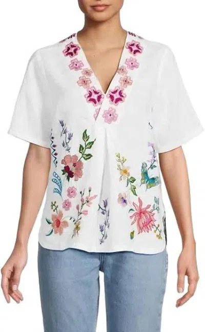 Johnny Was Linen V-neck Blouse Maureen In White