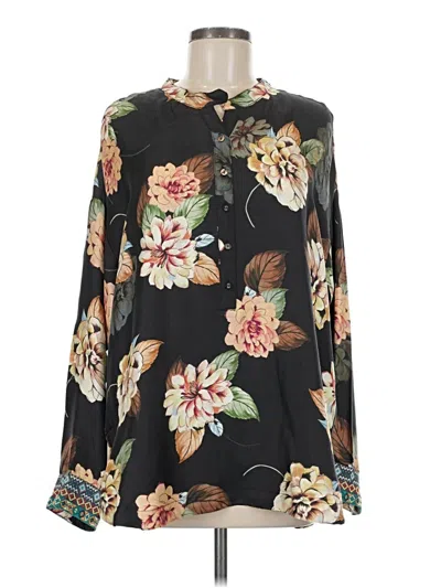 Pre-owned Johnny Was Long Sleeve Silk Top Black Floral Pattern High Neck Tops