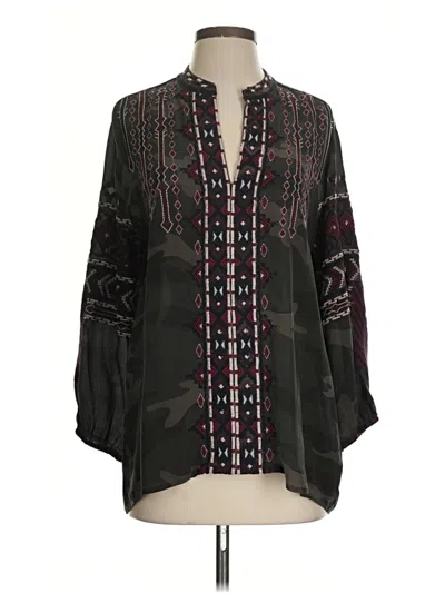 Pre-owned Johnny Was Long Sleeve Silk Top Black Plunge Neckline Tops