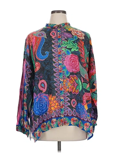 Pre-owned Johnny Was Long Sleeve Silk Top Blue Paisley Pattern Mock Neckline Tops