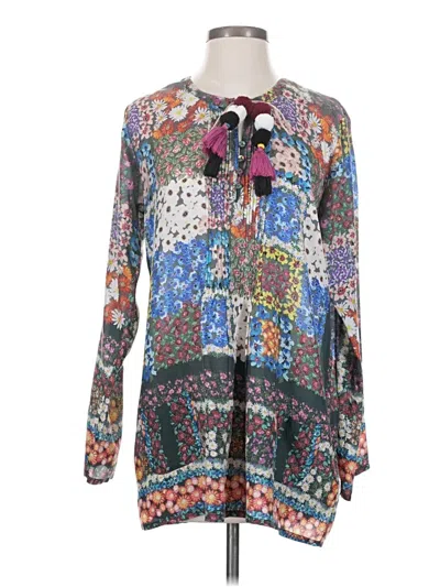 Pre-owned Johnny Was Long Sleeve Silk Top Blue Tie Neck Tops