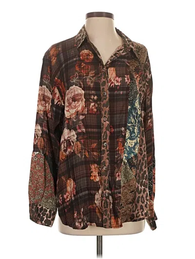 Pre-owned Johnny Was Long Sleeve Silk Top Brown Collared Neckline Tops