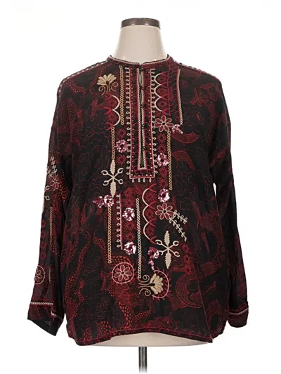 Pre-owned Johnny Was Long Sleeve Silk Top Burgundy Keyhole Neckline Tops