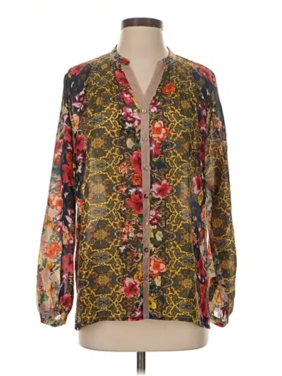 Pre-owned Johnny Was Long Sleeve Silk Top Gold Paisley Pattern Plunge Neckline Tops