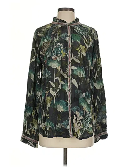 Pre-owned Johnny Was Long Sleeve Silk Top Green Camo Pattern High Neck Tops