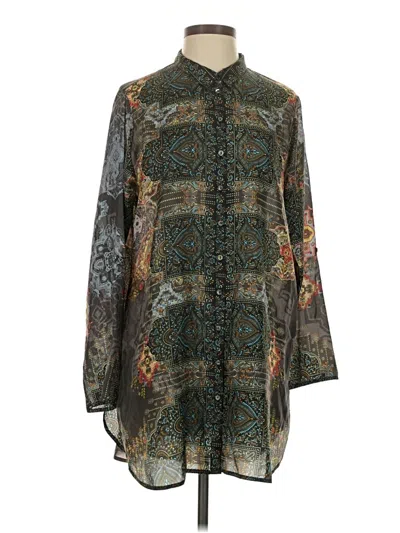 Pre-owned Johnny Was Long Sleeve Silk Top Green Paisley Pattern Mock Neckline Tops