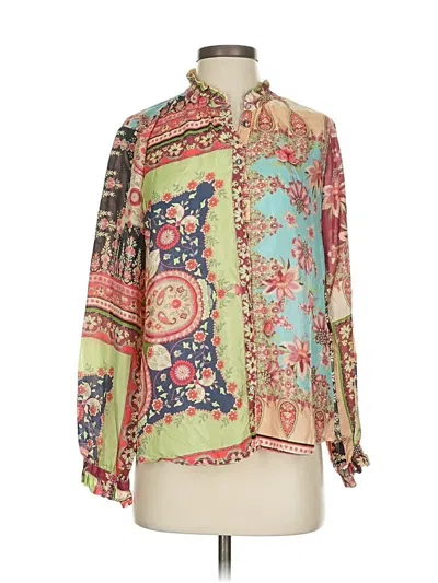 Pre-owned Johnny Was Long Sleeve Silk Top Green Paisley Pattern Tie Neck Tops