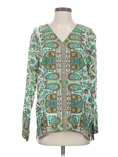 Pre-owned Johnny Was Long Sleeve Silk Top Green Plunge Neckline Tops