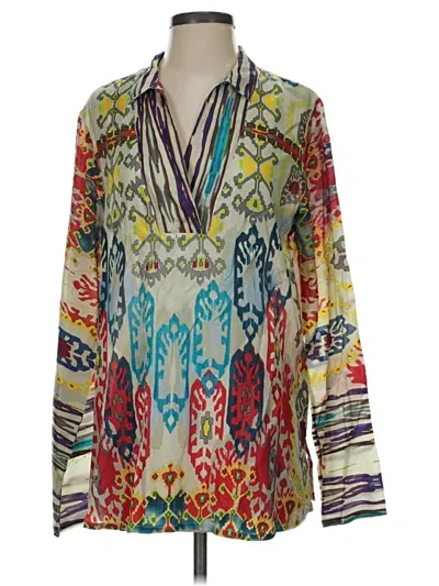 Pre-owned Johnny Was Long Sleeve Silk Top Green Print Pattern Plunge Neckline Tops