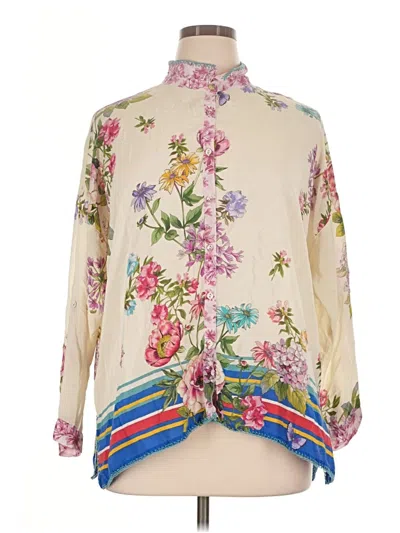 Pre-owned Johnny Was Long Sleeve Silk Top Ivory Floral Pattern Tie Neck Tops